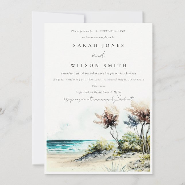 Dusky Coastal Palm Beach Seascape Couples Shower Invitation (Front)