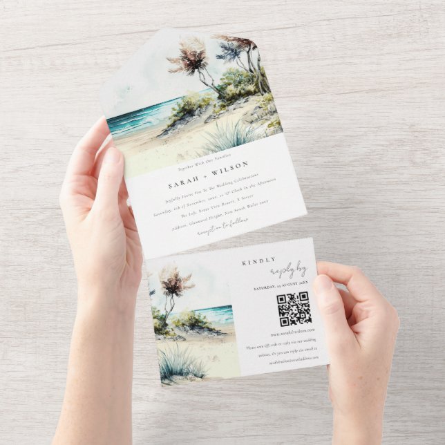 Dusky Coastal Palm Beach Seascape Wedding QR Code All In One Invitation (Tearaway)