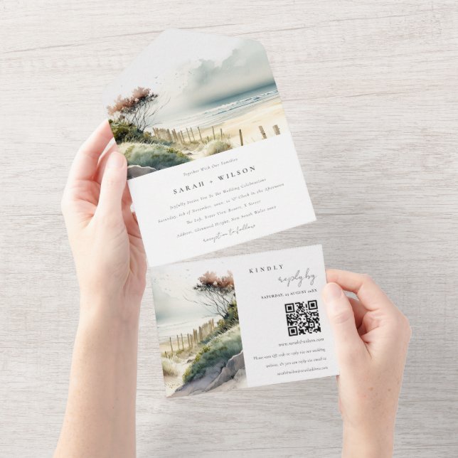 Dusky Coastal Sand Beach Seascape Wedding QR Code All In One Invitation (Tearaway)