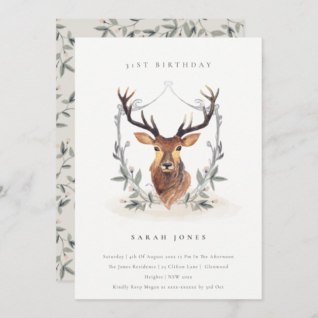 Dusky Deer Floral Crest Any Age Birthday Invite (Front/Back)