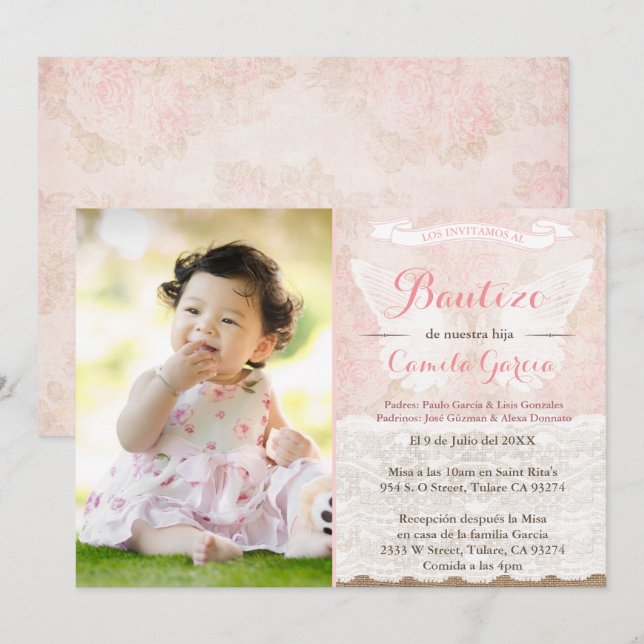 Dusky faded Pink Spanish Baptism Bautismo Invitation (Front/Back)