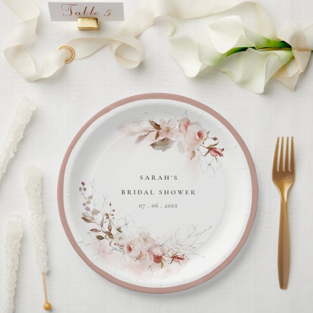 Dusky Fall Marsala Blush Floral Bridal Shower Paper Plate (Wedding)
