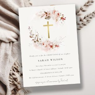 Dusky Fall Marsala Blush Floral Cross Christening Invitation