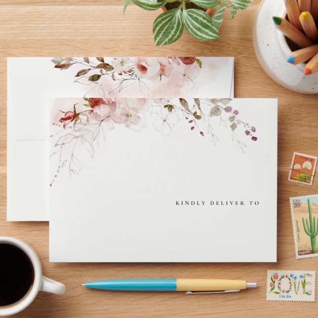 Dusky Fall Marsala Blush Floral Watercolor Wedding Envelope (Desk)