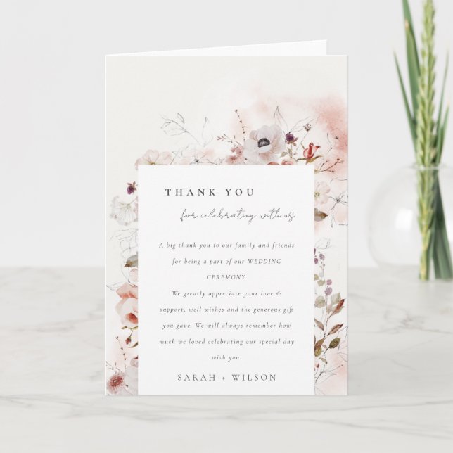 Dusky Fall Marsala Blush Floral Wreath Wedding Thank You Card (Front)