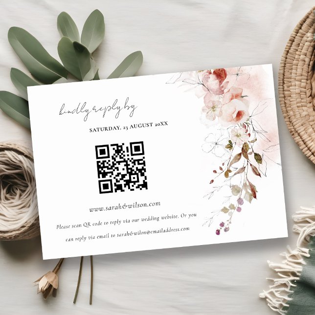 Dusky Fall Marsala Floral Wedding QR Code RSVP Enclosure Card (Creator Uploaded)