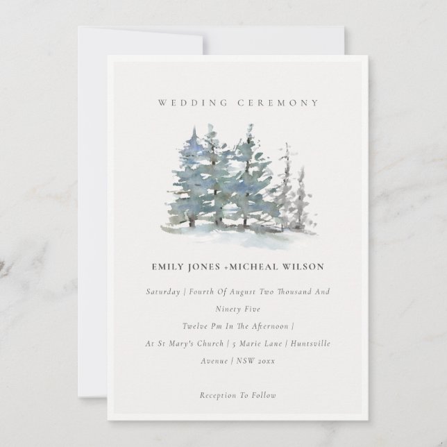 Dusky Green Blue Pine Tree Woods Wedding Invite (Front)