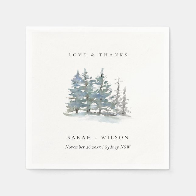 Dusky Green Blue Pine Tree Woods Wedding Thanks Napkin (Front)