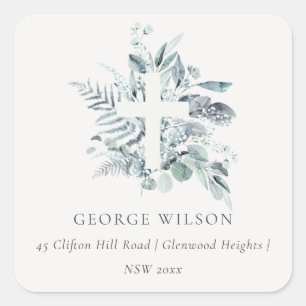 Dusky Green Eucalyptus Fern Foliage Cross Address Square Sticker