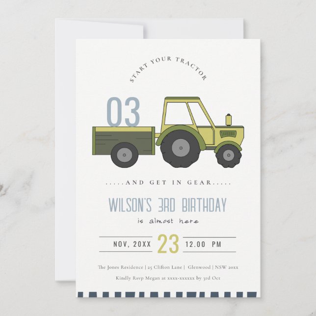 Dusky Green Farm Tractor Kids Any Age Birthday Invitation (Front)