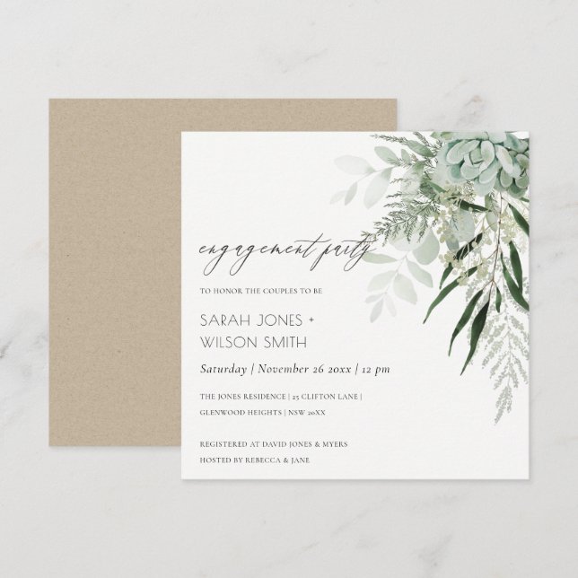 Dusky Green Leafy Fern Succulent Engagement Invite (Front/Back)