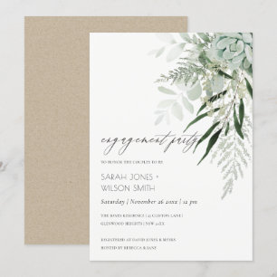 Dusky Green Leafy Fern Succulent Engagement Invite