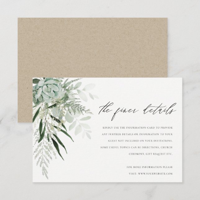 Dusky Green Leafy Fern Succulent Wedding Details Enclosure Card (Front/Back)