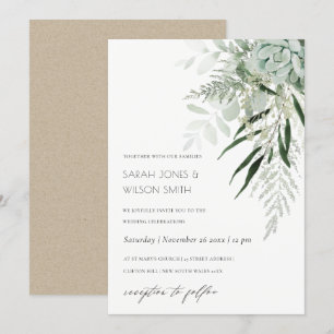 Dusky Green Leafy Fern Succulent Wedding Invite
