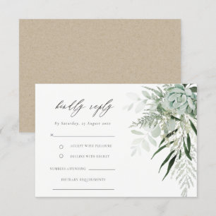 Dusky Green Leafy Fern Succulent Wedding RSVP Diet Enclosure Card