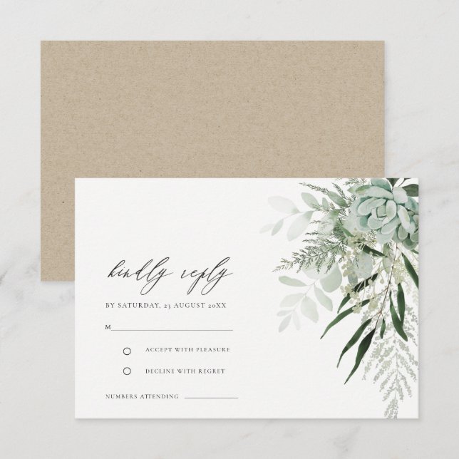 Dusky Green Leafy Fern Succulent Wedding RSVP Enclosure Card (Front/Back)