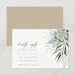 Dusky Green Leafy Fern Succulent Wedding RSVP Enclosure Card