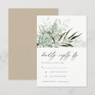 Dusky Green Leafy Fern Succulent Wedding RSVP Enclosure Card