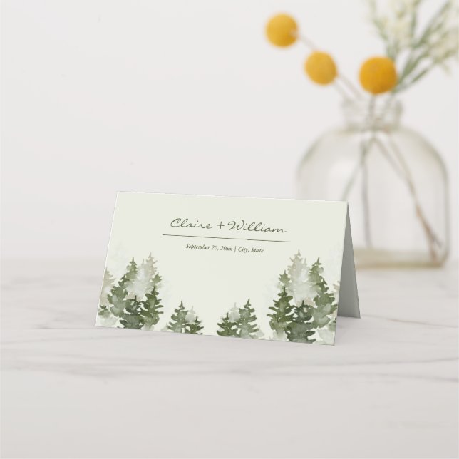 Dusky Green Mountain Pine Wedding Place Card (Front)