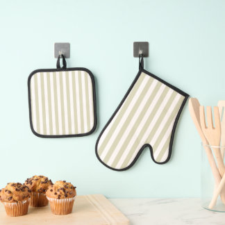 Dusky Green Pastel Colour Stripes Line Oven Mitt & Pot Holder Set
