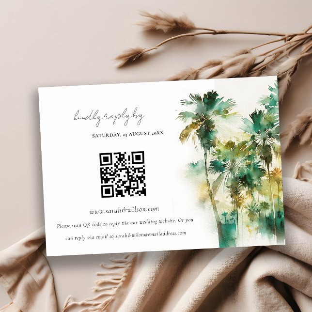 Dusky Green Tropical Palm Trees Wedding QR Code Enclosure Card (Creator Uploaded)