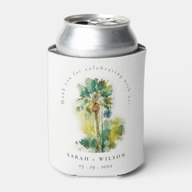 Dusky Green Tropical Watercolor Palm Trees Wedding Can Cooler (Can Front)
