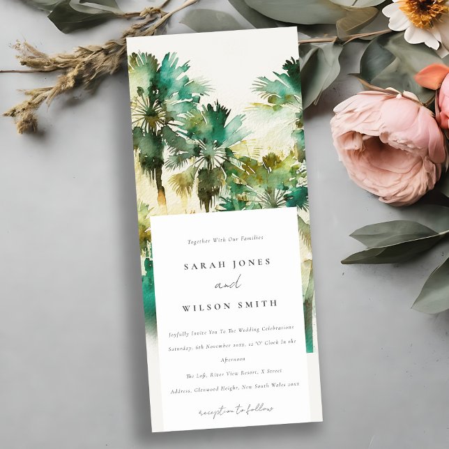 Dusky Green Tropical Watercolor Palm Trees Wedding Invitation (Creator Uploaded)