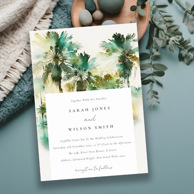 Dusky Green Tropical Watercolor Palm Trees Wedding Invitation (Creator Uploaded)