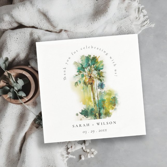 Dusky Green Tropical Watercolor Palm Trees Wedding Napkin (Creator Uploaded)