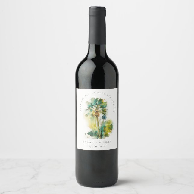 Dusky Green Tropical Watercolor Palm Trees Wedding Wine Label (Front)