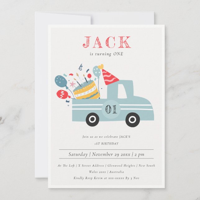 Dusky Grey Blue Any Age Birthday Party Cake Truck Invitation (Front)