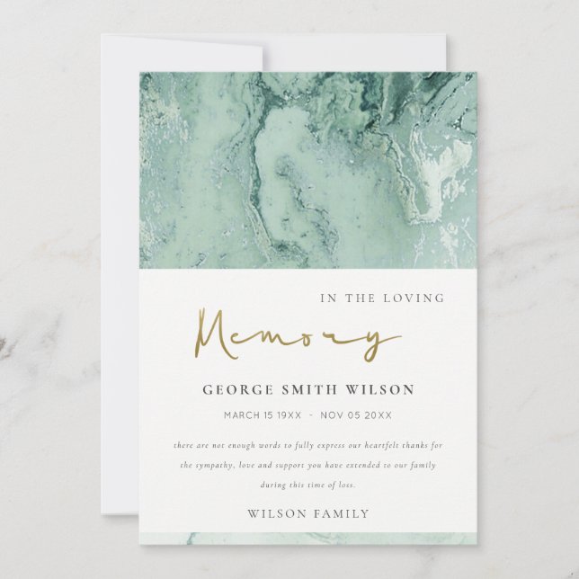 DUSKY GREY GREEN GOLD AGATE SYMPATHY MEMORIAL THANK YOU CARD (Front)