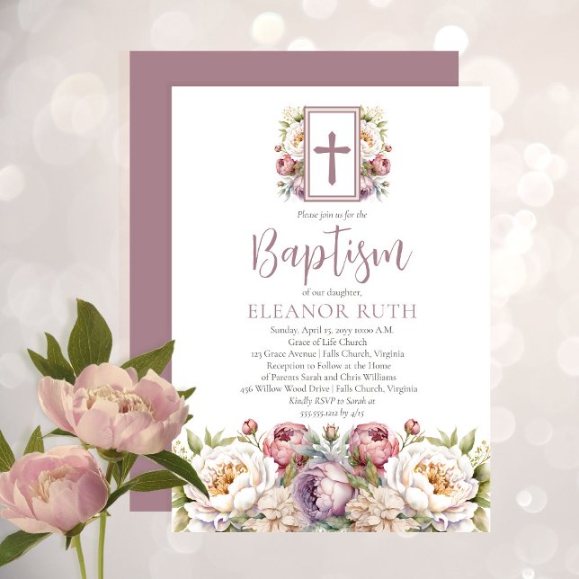 Dusky Lavender Blossoms Girl Floral Baptism Invitation (Creator Uploaded)