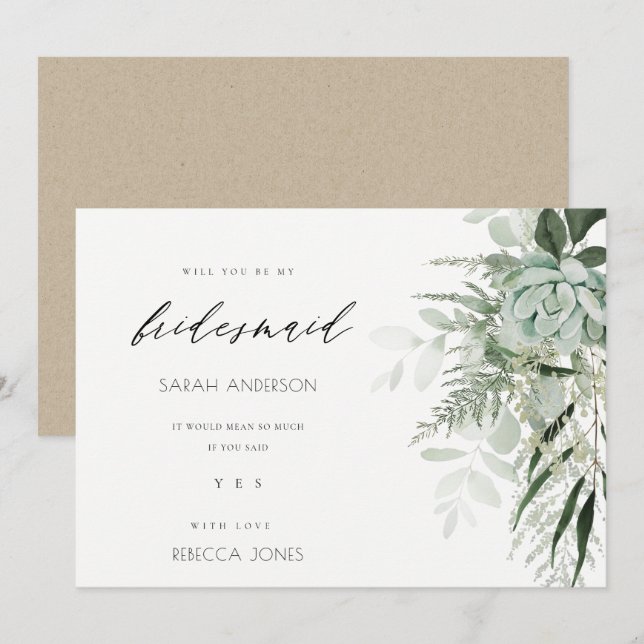 Dusky Leafy Fern Succulent Bridesmaid Invite (Front/Back)