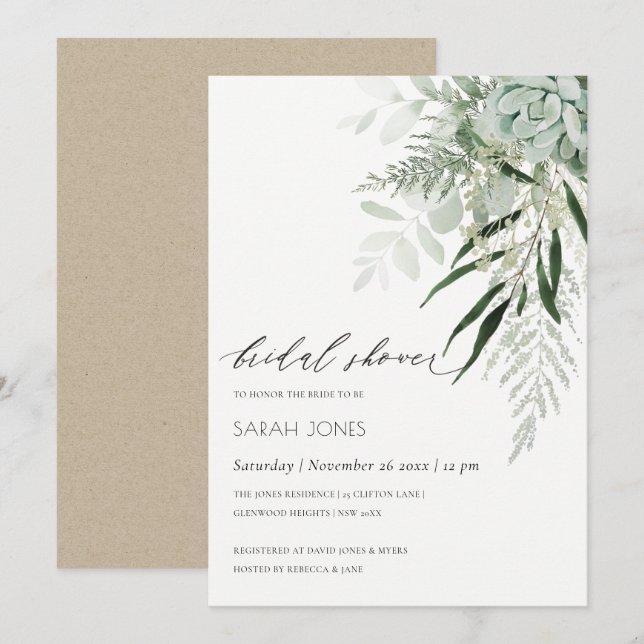 Dusky Leafy Fern Succulent Invitation Fête des mar (Devant / Derrière)