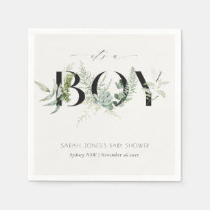 Dusky Leafy Fern Succulent It's a Boy Baby Shower Napkin