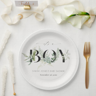 Dusky Leafy Fern Succulent It's A Boy Baby Shower Paper Plate