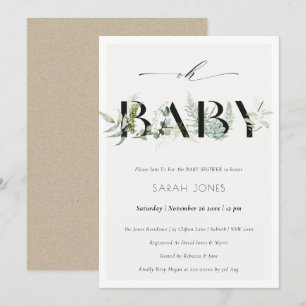 Dusky Leafy Fern Succulent Oh Baby Shower Invite