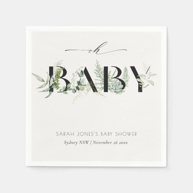 Dusky Leafy Fern Succulent Oh Baby Shower Napkin (Front)