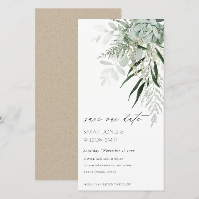 Dusky Leafy Fern Succulent Save the Date Card (Front/Back)