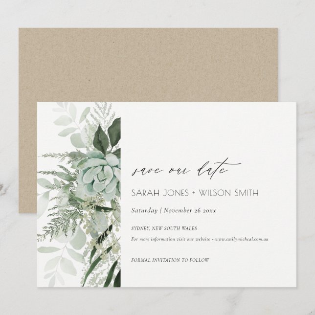 Dusky Leafy Fern Succulent Save the Date Card (Front/Back)