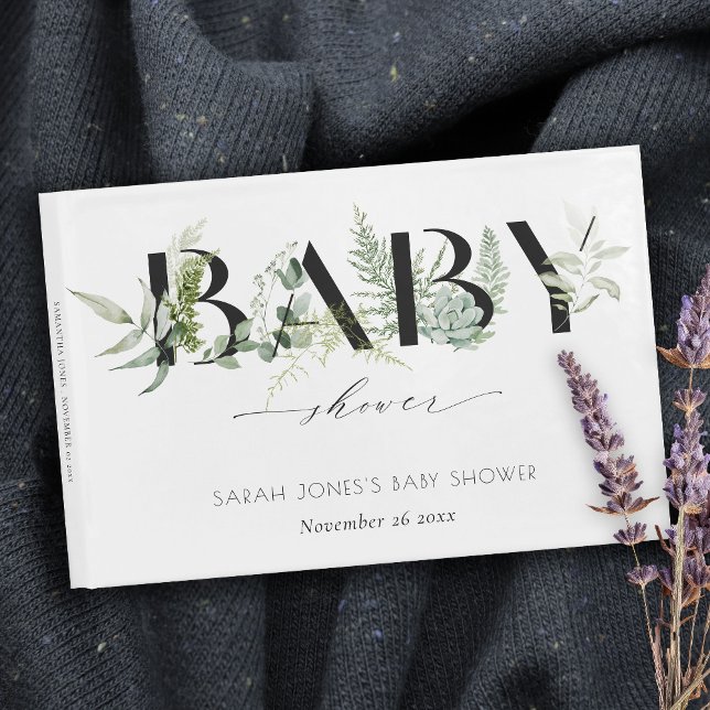 Dusky Leafy Fern Succulent Script Baby Shower Guest Book (Creator Uploaded)