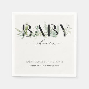Dusky Leafy Fern Succulent Script Baby Shower Napkin