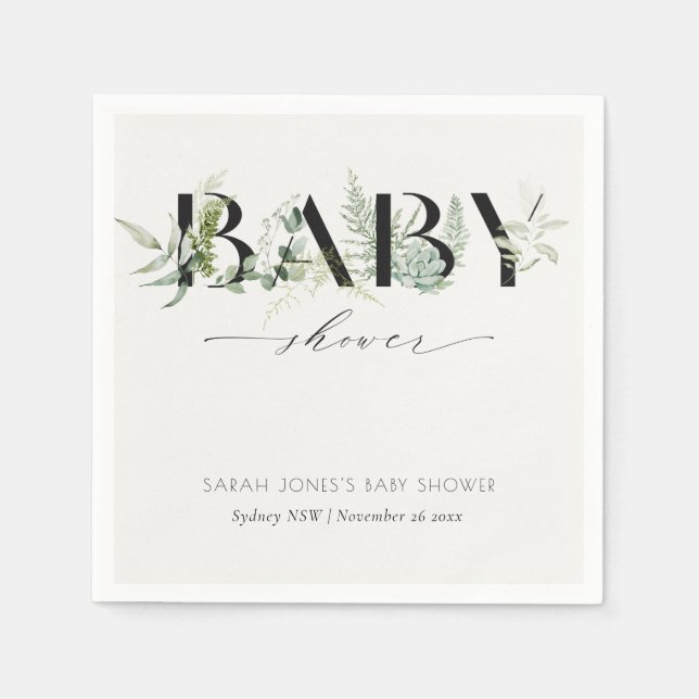 Dusky Leafy Fern Succulent Script Baby Shower Napkin (Front)
