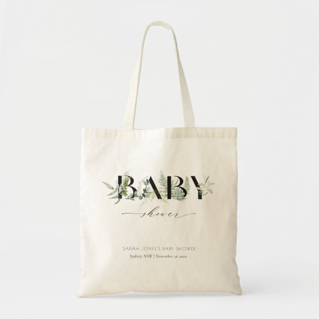 Dusky Leafy Fern Succulent Script Baby Shower Tote Bag (Front)