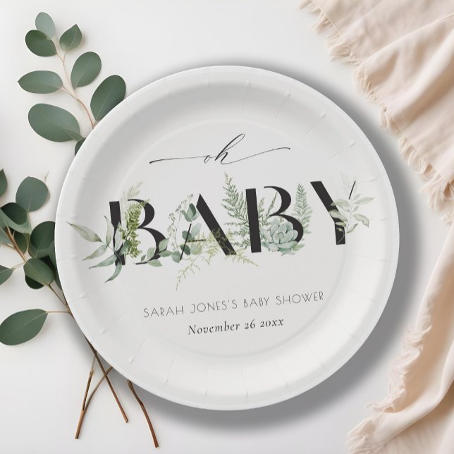Dusky Leafy Fern Succulent Script Oh Baby Shower Paper Plate (Creator Uploaded)