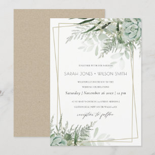 Dusky Leafy Fern Succulent Wedding Frame Invite
