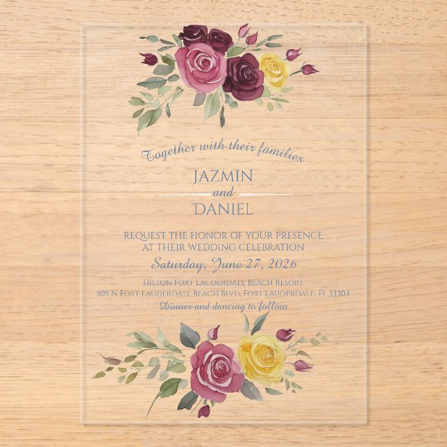 Dusky Pastel Watercolor Roses Blue Acrylic Invitations (Front)
