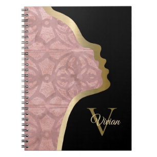 Dusky Pink Black And Gold Face Monogram Name Notebook