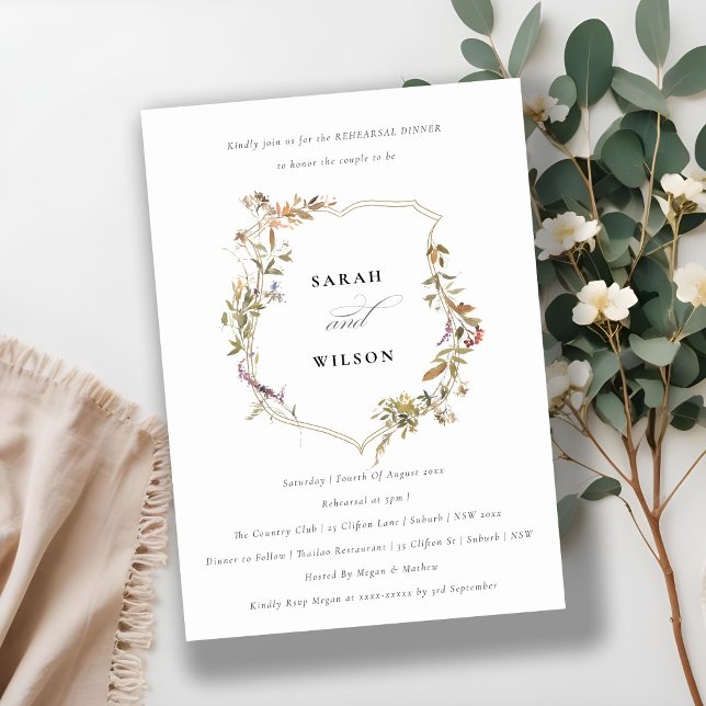 Dusky Pink Blush Wildflower Crest Rehearsal Dinner Invitation (Creator Uploaded)